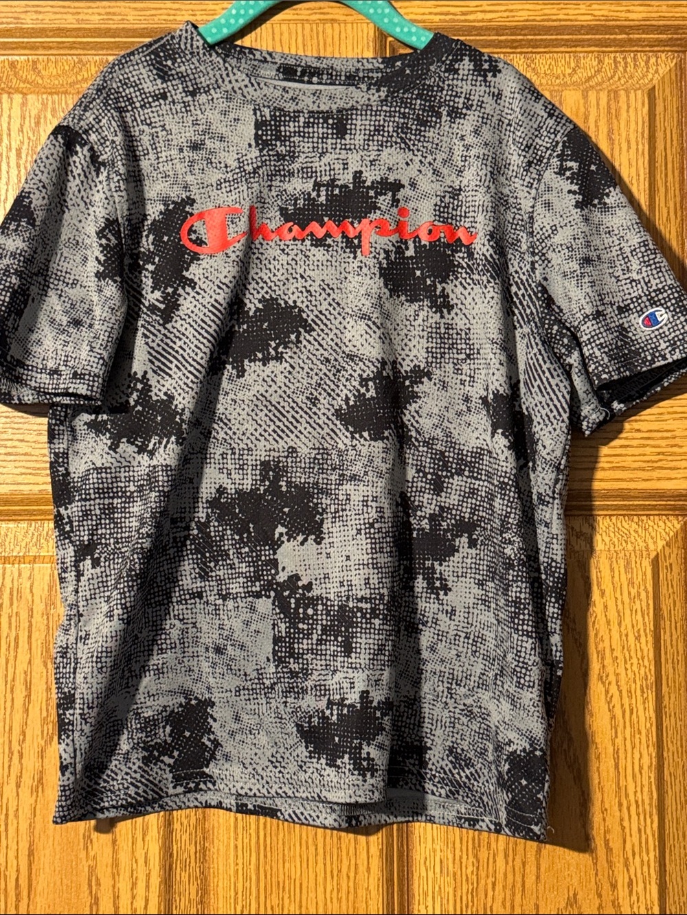 Champion Gray & Black Short Sleeve Tee with Red Script Logo